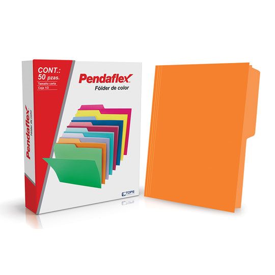 Folder de color Pendaflex carta color na Papel manila color stock de 9.5 pts., doble tonalidad: interior y exterior para evitar la perdida de documentos, pre-suajado superior y lateral para broche de 8 cm, dobleces adicionales para expansión de hasta 2 cm, caja con 50 piezas.                     ranja ceja 1/2 caja con 50 pzas          - C0050 1/2 NA