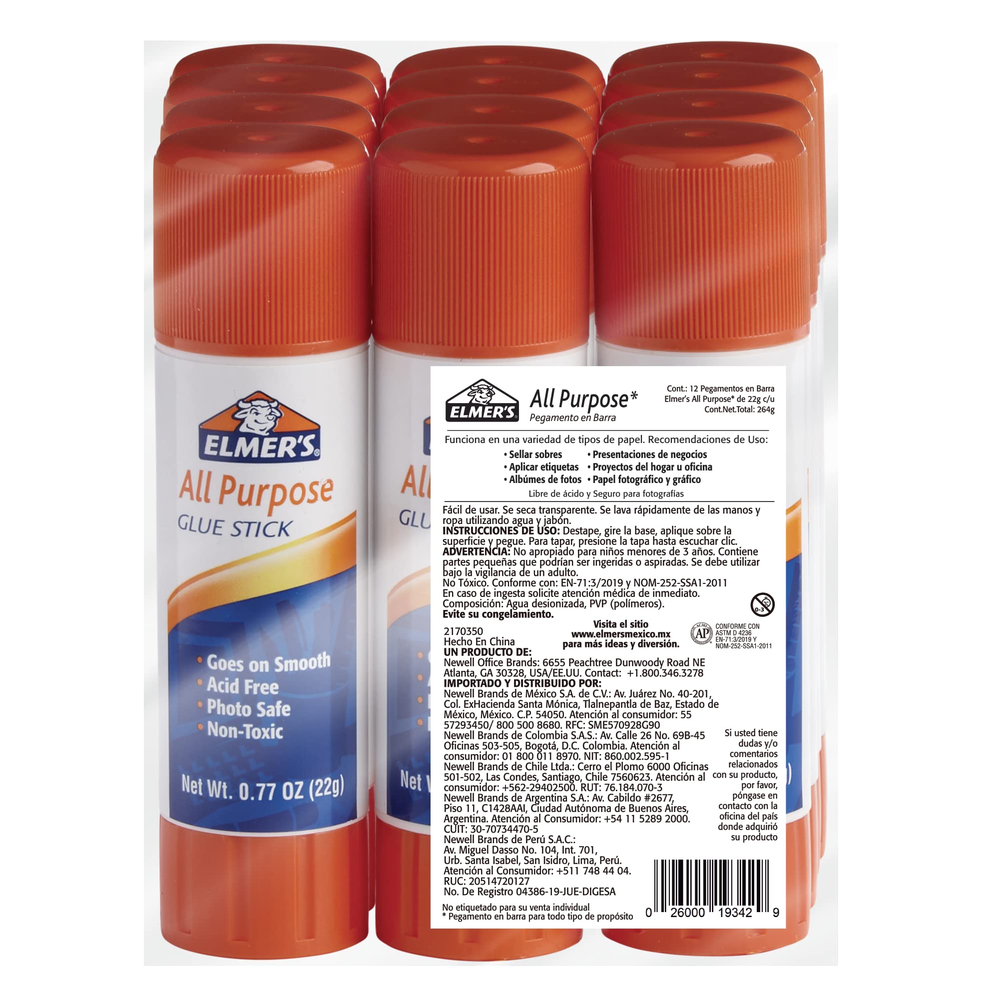 Lápiz adhesivo Elmers 22 gr 12 piezas.   Paquete con 12 pegamentos de 22 gr c/u., pegamento en barra Elmers all purpose, ideal para la oficina, funciona en una gran variedad de superficies como papel, carton, foamy etc. no tóxico.                                                                   .                                        - 2170350