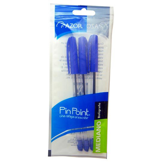 Bolígrafo mediano Pin Point 1.0 mm co    Tinta azul, punto mediano 1.0 mm, punta de aguja, tinta de baja viscosidad que brinda flujo instantáneo, con tapón para cordón, rendimiento 1300 m, escritura suave y continua, barril de plástico transparente con sistema anti-rodamiento.                    lor azul empaque con 3 pzas              - 301.6833AZ