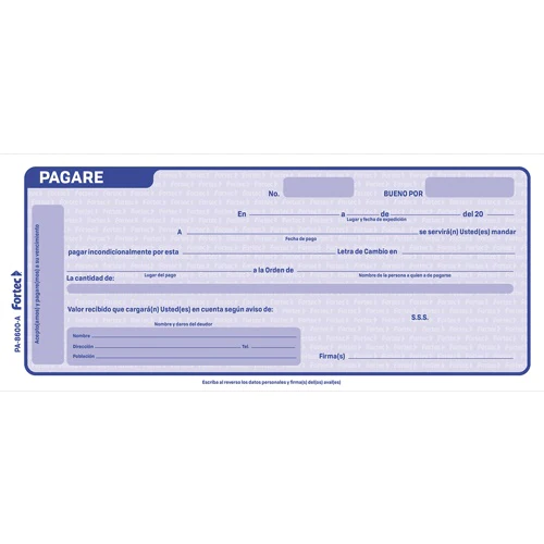 Pagaré Fortec 1/3 carta color azul 2 blo Papel de 68 g, medida: 1/3 de carta (21.5 x 9 cm).                                                                                                                                                                                                              cks con 50 hojas cada uno                - PA-8600-A