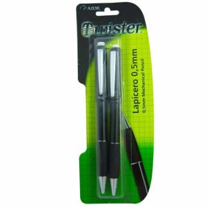 Lapicero HB Azor Twister 0.5 mm color ne Lapicero de 0.5 mm grado hb, punta metálica retráctil, grip ahulado, con mayor capacidad para la goma, la goma no mancha y se desliza suavemente, ideal para escribir sobre papel bond, cartoncillo, cascaron, albanene.                                        gro blíster con 2 pzas                   - 301.64023