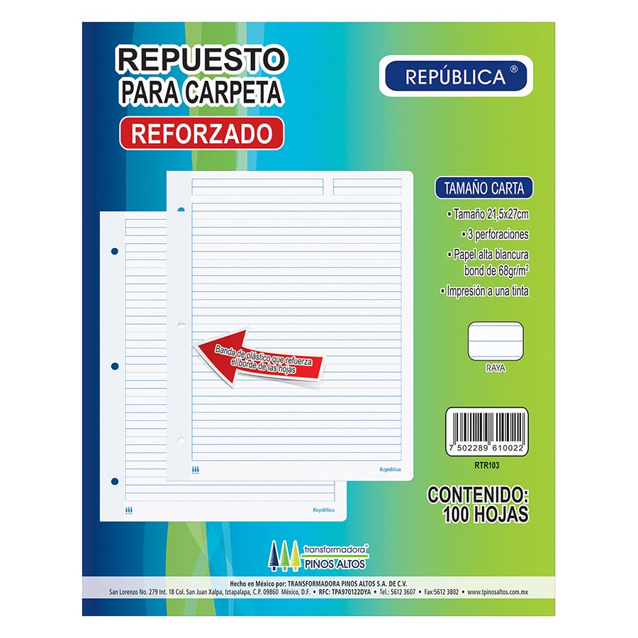 Repuesto para carpeta Pinos Altos carta  Papel bond de 56 g, medida: 21.5 x 28 cm, rayado, 3 perforaciones, papel de alta blancura, impresión a una tinta, 100 hojas.                                                                                                                                    raya paquete con 100 hojas               - PINOS ALTOS