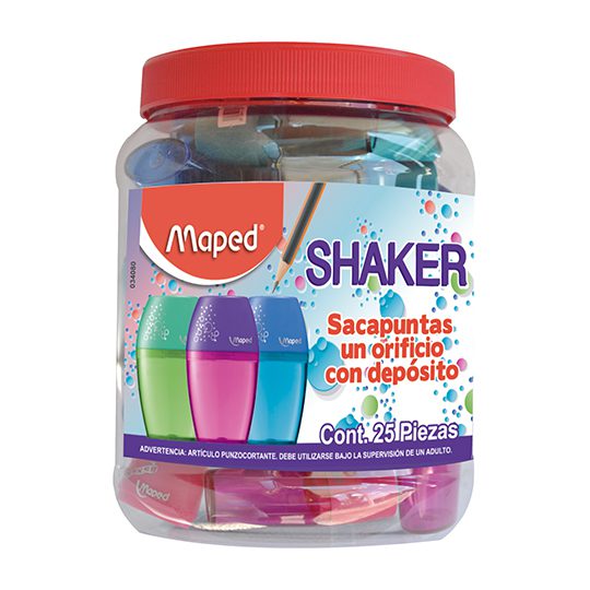 Sacapuntas shaker Maped 1 orificio 25 pi Sacapuntas de 1 orificio con depósito para residuos, gran capacidad, fácil agarre, bote con 25 piezas                                                                                                                                                           ezas  colores surtidos                   - 034080