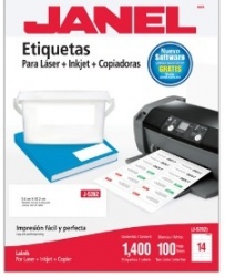 Etiqueta laser mod j-5262 blanca JANEL 3 Para marcar, señalar, identifica contenidos, administra archivos, paquetes, folders, etc. Construccion: papel bond de 70 gr/m2, liner (material base): papel glasin de 64 gr/m2 siliconado, recubrimiento: base silicon, adhesivo: acrilico base agua           4x102mm con 1000 etiquetas               - 1095262101