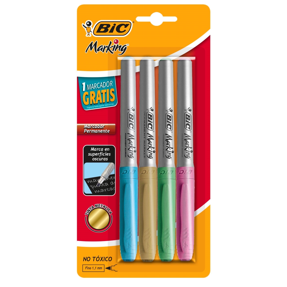 MARCADOR BIC PERMANENTE INTENSITY GRIP M MARCADOR PERMANENTE 4 COLORES METÁLICOS: AZUL, VERDE, ROSA Y PLATA. IDEALES PARA SUPERFICIES OBSCURAS, GRIP ERGONÍMICO, PUNTA RESISTENTE 1.1MM. LIBRE DE XILOL                                                                                                  ETAL BLÍSTER 4 PIEZAS                    - 70330352315