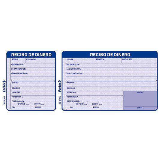 Recibo de dinero Fortec 1/3 carta 2 bloc Papel de 68 g, medida: 1/3 de carta (21.5 x 9 cm).                                                                                                                                                                                                              ks con 50 hojas cada uno                 - RD-6105-A