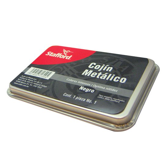 Cojín para sello Stafford estuche met    Medida: 7 x 11 cm, cojín re-entintable con el que obtendrás aplicaciones de gran calidad y nitidez, su estuche metálico es de alta resistencia y la almohadilla de hule-espuma es de excelente absorción para distribuir uniformemente la tinta.                álico No. 1 tinta color negro            - 309.COI2001