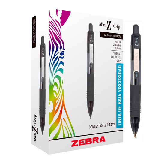 Bolígrafo mini z grip, Zebra, tinta negr Bolígrafo mini z grip, tinta negra, punto mediano 1.0 mm, retráctil, tinta de baja viscosidad, suave grip de goma, cuerpo del color de la tinta                                                                                                                 a, punto mediano 1.0 mm,  con 12 piezas  - 7501901605965