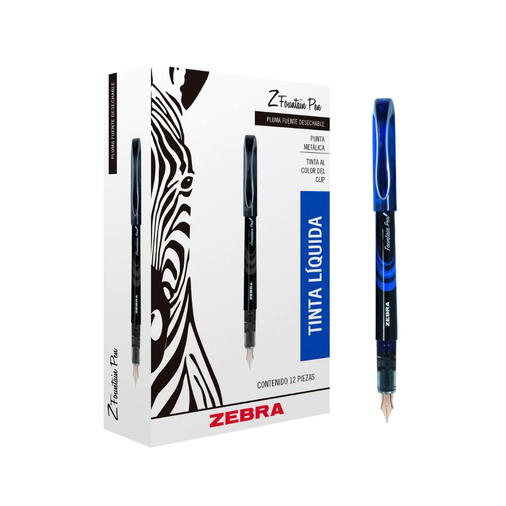 Pluma fuente desechable z-fountain pen Z Pluma fuente desechable z-fountain pen Zebra, tinta liquida, pluma fuente desechable, color azul, punta metálica en forma de flecha, tapa con sistema de protección en la punta, tapa con cierre hermético                                                      ebra, tinta liquida, color azul, 1 pieza - 9001-41