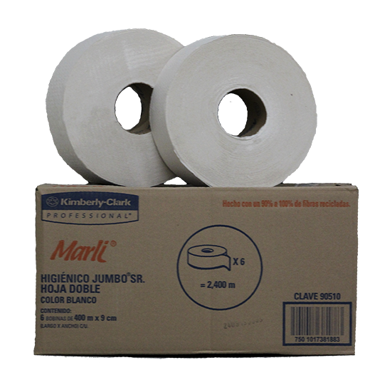 Papel Higiénico blanco Marli, caja c/ 6  Higiénico , Marli caja con 6 rollos de 400 m cada uno. hjs dobles. ancho de hjs 9 cm. fabricante. Kimberly clark. Despachadores sustituto en proceso                                                                                                            bobinas 400m jumbo mod 90510             - 90510