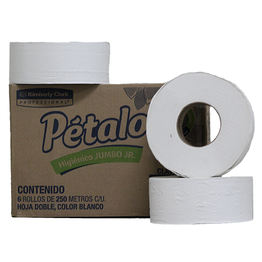 Papel Higiénico blanco Petalo, caja c/6  Higiénico , Petalo caja con 6 rollos de 250 m cada uno. hjs dobles. ancho de hjs 9 cm. fabricante Kimberly clark. Despachadores 94298                                                                                                                           bobinas 250m jumbo mod 90553             - 90553