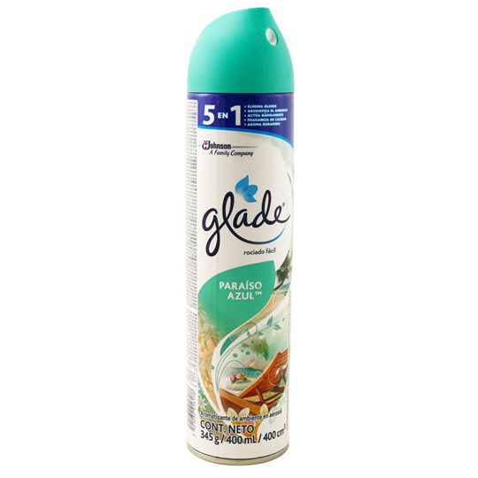 Aerosol paraiso azul Glade 400 ml        Aromatizante elimina malos olores y refresca al instante el aire de los espacios con el aroma fresco de la manzana verde y el melon. mas pequeñas, no queda ningun residuo.                                                                                     .                                        - SC JHONSON