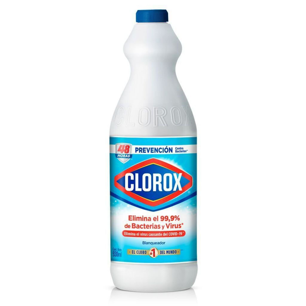 Blanqueador Clorox, cloro 930 ml.        Limpia y desinfecta cualquier area. por su fórmula concentrada y maxima pureza, ayuda eliminando hasta el 99 por ciento de las bacterias que se alojan en el cuarto de baño, cocina, dormitorios, estancia, patios, etc.                                        .                                        - CLOROX