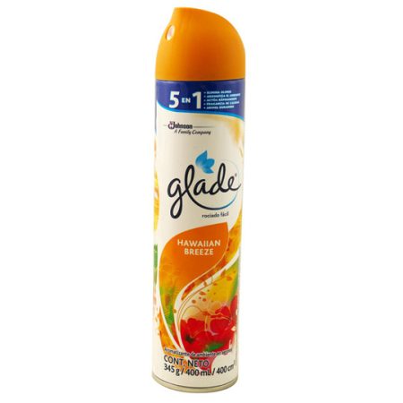 Aerosol hawaiian Glade 400 ml            Aromatizante elimina malos olores y refresca al instante el aire de los espacios con el aroma de frutas aromaticas. con gotitas mas pequeñas, no queda ningun residuo.                                                                                          .                                        - AER-HAWAI