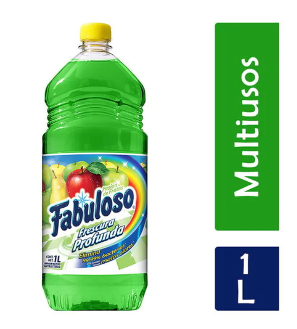 Limpiador multiusos Fabuloso aroma pasio Gracias a su exclusiva fórmula antibacterial elimina el 99.9 por ciento de las bacterias que causan malos olores, teniendo como resultado una limpieza profunda con un duradero y agradable aroma pasion frutal botella de 1 Lt.                                n frutal 1 Lt.                           - 600829