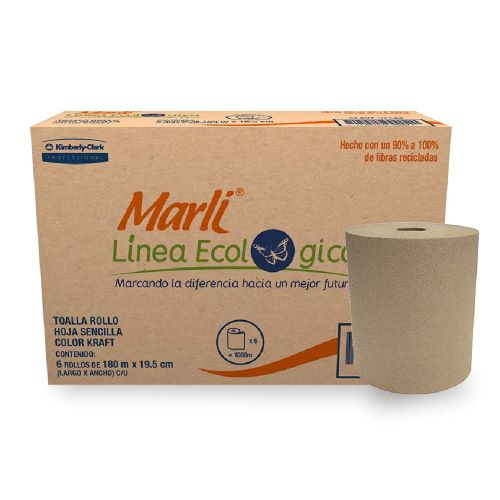 Toalla en rollo kraft Marli de 180 m, ca En rollo Marli. linea ecologica color kraft. caja con 6 rollos de 180 m cada uno. hjs sencilla de 19.5 cm. compatible con 92276 fabricante Kimberly clark                                                                                                       ja c/ 6 bobinas                          - MARLI