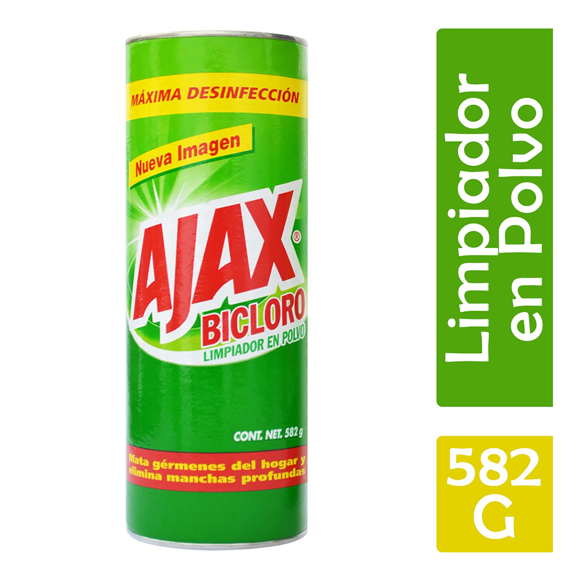 Limpiador en polvo Ajax bicloro 582 gr.  Limpiador multiusos te da una maxima desinfección, ya que mata gérmenes y elimina manchas profundas ya sea en baños, cocina o pisos. conoce los diferentes usos que puedes darle. presentación en bote de 582 Gr.                                               .                                        - 935B