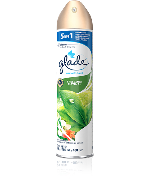 Aerosol frescura matinal Glade 400 ml    Aromatizante elimina malos olores y refresca al instante el aire de los espacios con el aroma del lirio del valle y la rosa. con gotitas mas pequeñas, no queda ningun residuo.                                                                                 .                                        - AER-FRESC