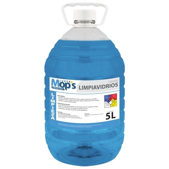 Limpiador de vidrios Super mops 5 Lt.    Líquido para vidrios y superficies como; espejos, tableros, mostradores, muebles y mas. botella de 5 Lt.                                                                                                                                                        .                                        - SUPER MOPS