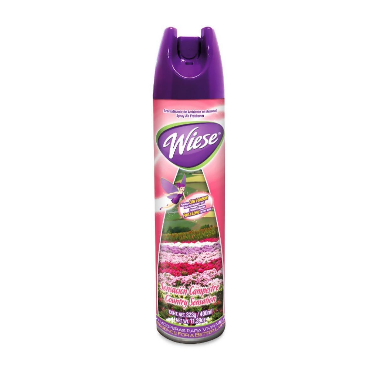 Aerosol Wiese aroma campestre 400 ml     Aromatizante aroma sensacion campestre de 400 ml / 323 gr. ideal para la oficina, hogar u otro lugar, su práctica valvula permite precisos toques de aerosol para refrescar el ambiente. Fórmula con fijador para que aromatice mas                             .                                        - WIESE