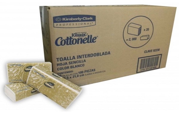 Toalla interdoblada cottonelle, caja c/2 Blanca interdoblada Kleenex cottonelle Mod. 92230. caja con 20 paquetes, cada cajilla contiene 100 toallas de hjs sencilla .largo/ancho : 21.5 x 21 cm. fabricante Kimberly clark. Despachador 92718 , 92730 y 94353 (92260)                                    0 paq. 100 hjs                           - 92230