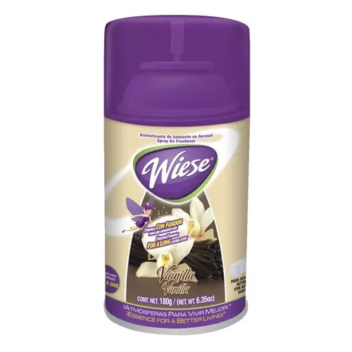 Aerosol Wiese aroma vainilla 180 gr.     Aerosol disparo controlado aroma vainilla de 180g. adaptable a la mayoria de los dispensadores automaticos. para la oficina, hogar u otro lugar. compatible con los aparatos breeze matic (lwi-aer-kithw, lwi-aer-kitfr, lwi-aer-kitmc, lwi-aer-kitta           .                                        - WIESE