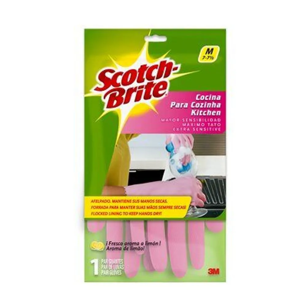 Guantes de latex rosas afelpados Scotch- Multiusos cien por ciento latex natural. tienen un toque de aroma a limón.                                                                                                                                                                                      brite tamaño mediano                     - SCOTCH-BRITE