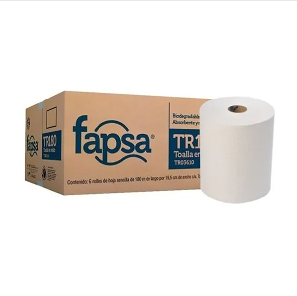 Toalla Fapsa en rollo blanca de 180 m, c En rollo Fapsa. sistema universal. color blanco. caja con 6 rollos de 180 m cada uno. hjs sencilla de 19.5 cm. papel san francisco                                                                                                                              aja c/ 6 bobinas                         - TR03610