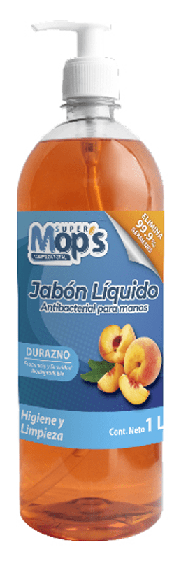 Jabon para manos antibacterial Super mop Líquido antibacterial manos aroma: durazno, botella con valvula dosificadora. diseñado para una correcta limpieza, desinfección y cuidado de la piel                                                                                                            s aroma durazno 1 Lt.                    - MOPS