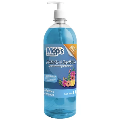 Jabon para manos antibacterial Super mop Líquido antibacterial manos aroma: primavera, botella con valvula dosificadora. diseñado para una correcta limpieza, desinfección y cuidado de la piel                                                                                                          s aroma primavera 1 Lt.                  - MOPS