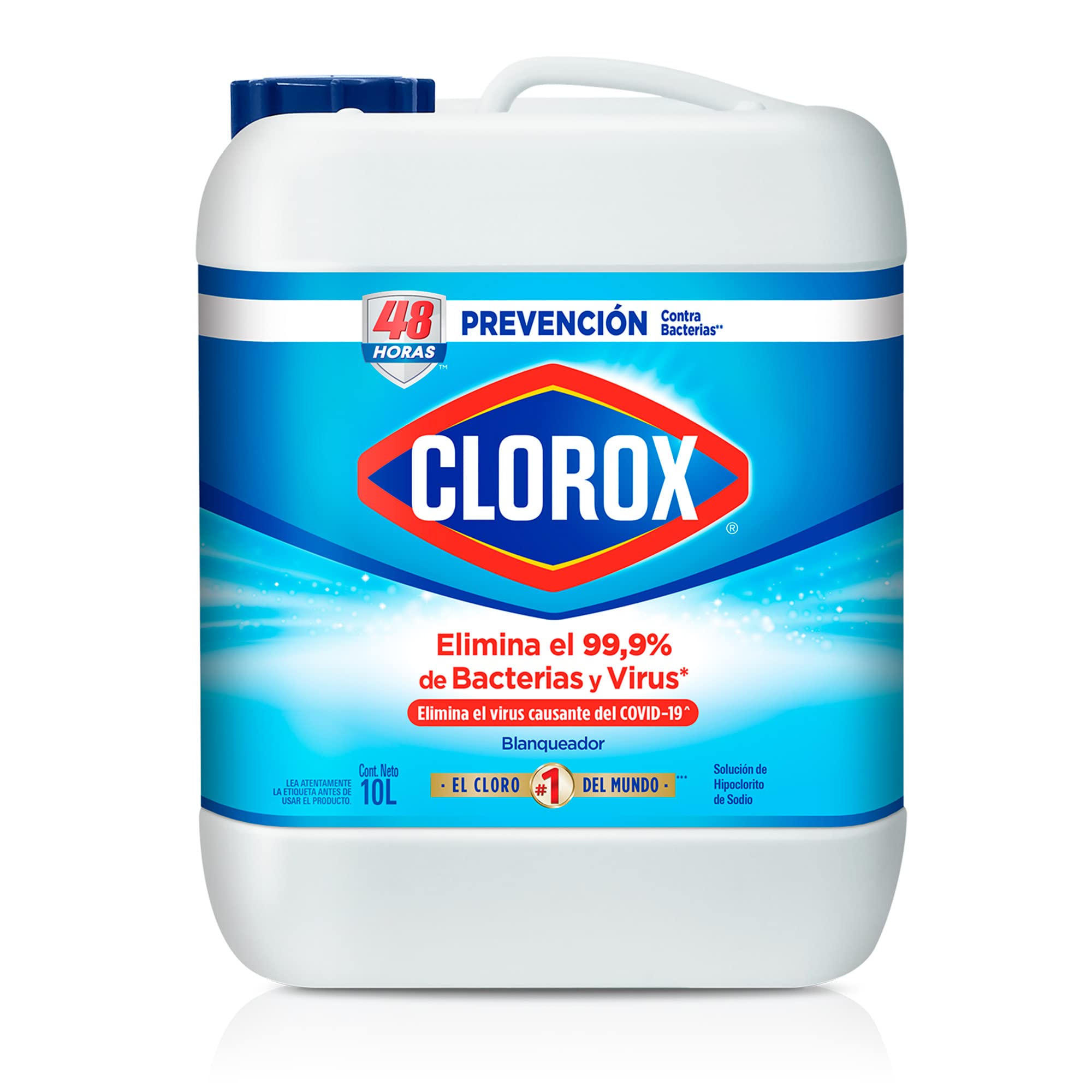 Blanqueador Clorox, cloro 10 Lt. Que limpia y desinfecta cualquier area. por su fórmula concentrada y maxima pureza, ayuda eliminando hasta el 99 por ciento de las bacterias que se alojan en el cuarto de baño, cocina, dormitorios, estancia, patios, etc. - CLOROX