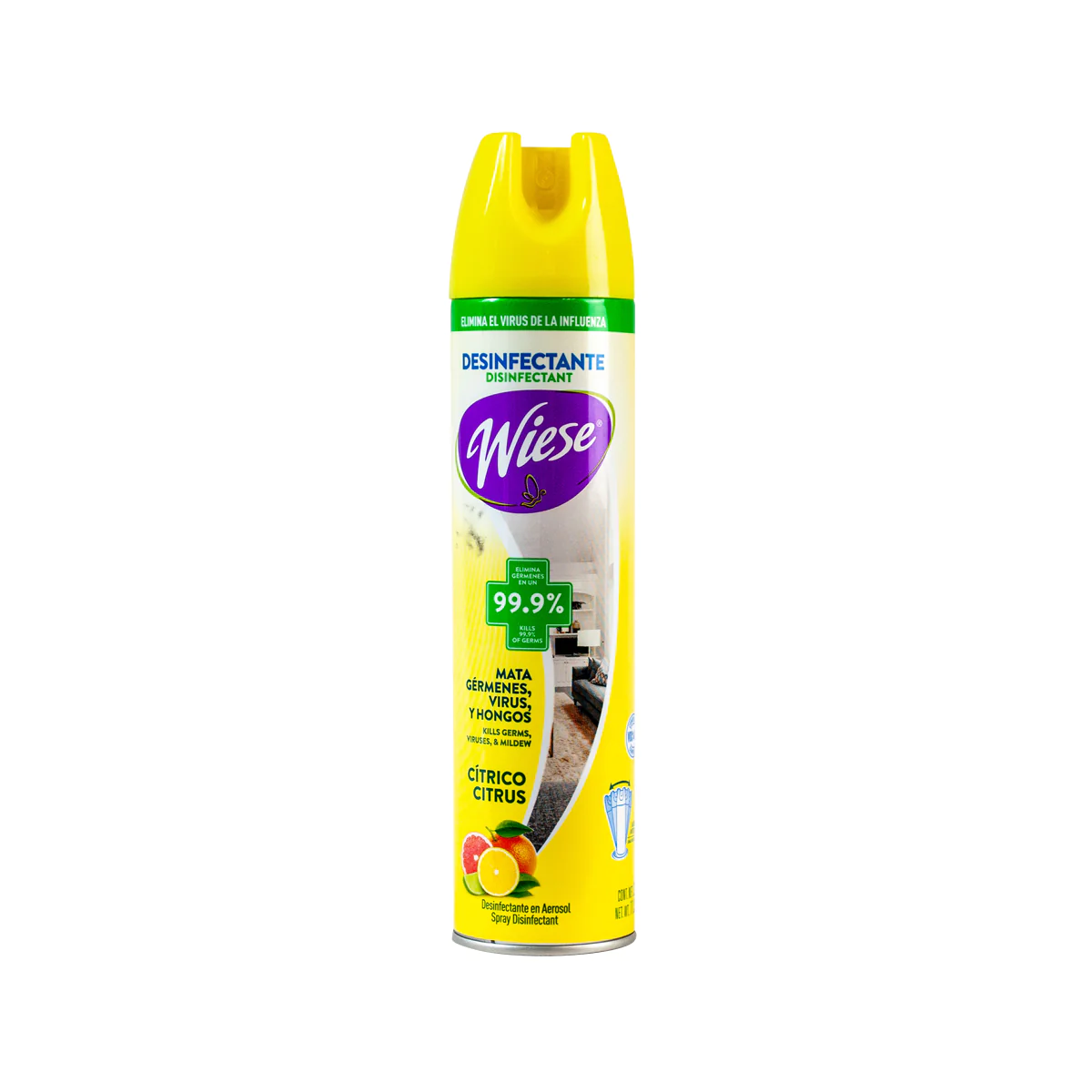 Aerosol desinfectante Wiese 323 gr.      Desinfectante elimina hasta el 99 por ciento de germenes, previene el moho, elimina bacterias causantes de malos olores. fragancia citrica                                                                                                                      .                                        - WIESE