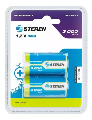 Pila recargable C STEREN blister de 2 pz Pilas recargables nimh aaa, 600 mah, marca steren. voltaje: 1.2 vcc. capacidad nominal 3000 mah. composicion de niquel-metal. dimensiones: 4.6cm de alto x 2.6cm de diametro                                                                                    as                                       - BAT-NM-C2