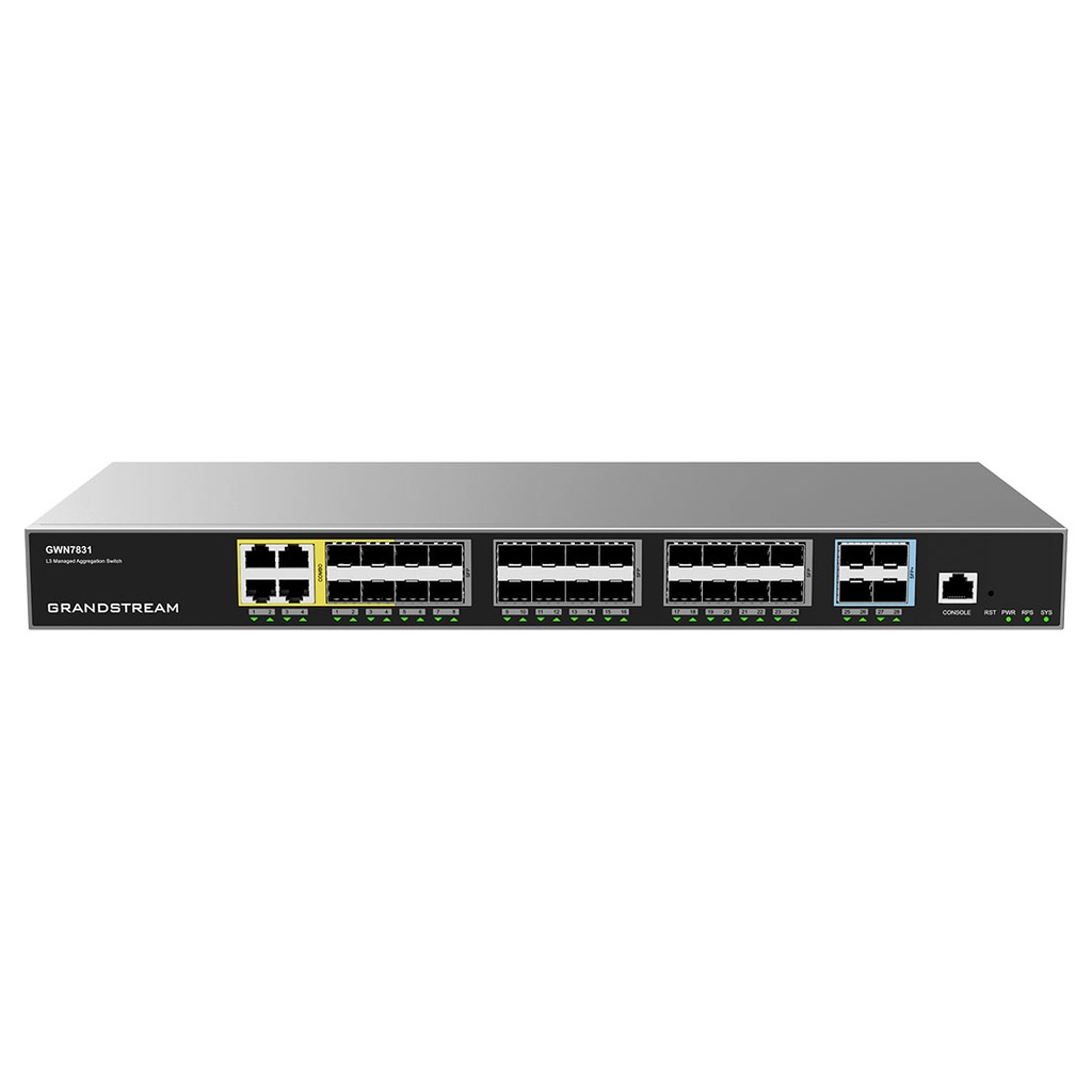 GWN7831, Switch de agregación Administrable capa 3, 4 x Combo, 24 x Giga SFP, 4 x 10 Giga SFP+ - GRANDSTREAM