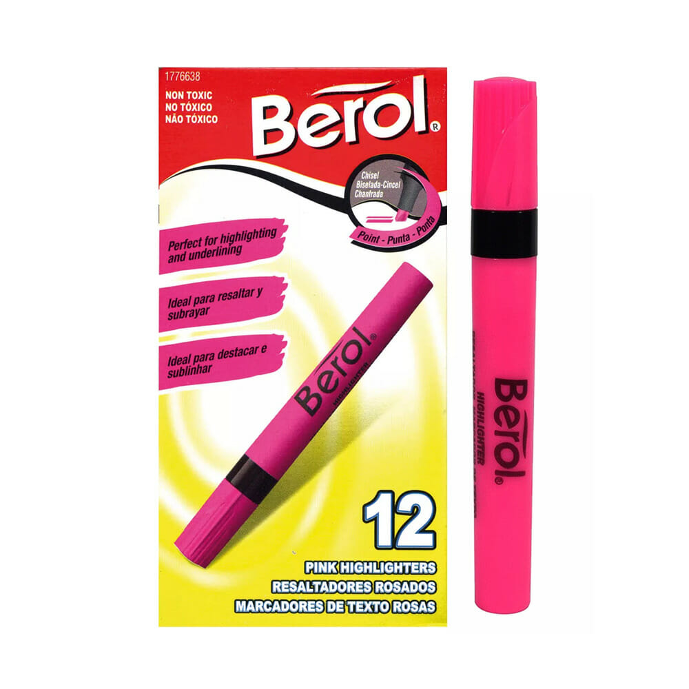 Marcatextos Berol punta cincel rosa caja Marcatextos berol color amarillo punta cincel, cuerpo redondo, punta para diferentes trazos, tinta base agua y colorantes                                                                                                                                       con 12 piezas                            - NEWELL