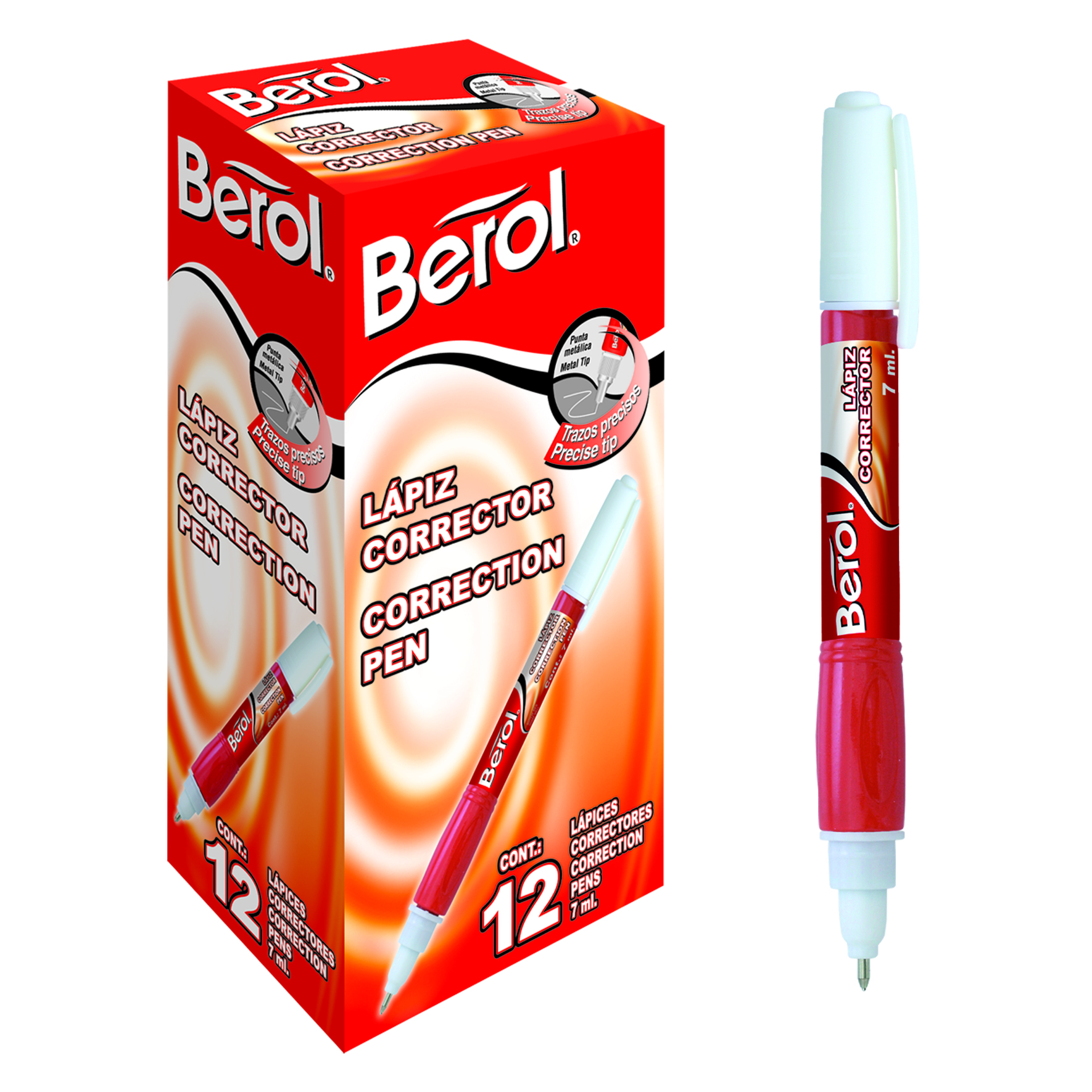 Corrector liquido con 7ml en pluma Berol Corrector liquido marca berol tipo pluma c/7ml, con cuerpo plastico, cubre todo tipo de pluma, perfectamente blanca, punta de metal, sistema ergonomico, punta tipo roller                                                                                      1 pieza                                  - BEROL