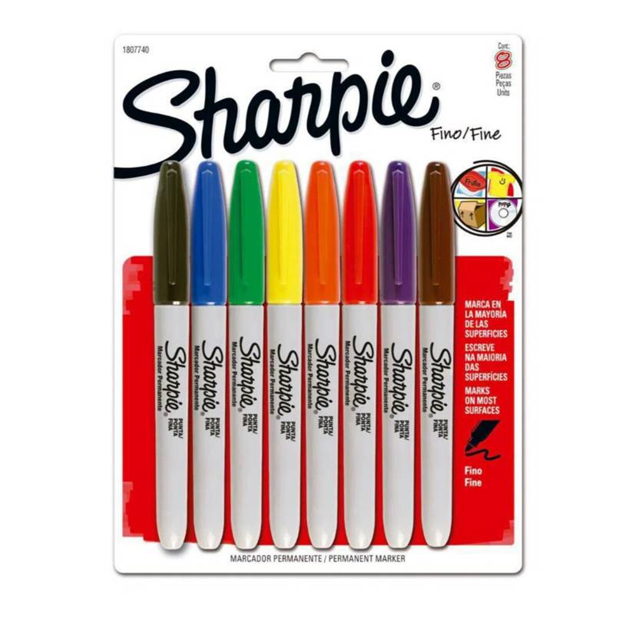 Marcador Sharpie fino surtido paquete co Contiene 8 marcadores  permanentes colores surtidos: 1 azul, 1 negro, 1 rojo, 1 verde, 1 amarillo, 1 naranja, 1 purple y 1 cafe, clip en tapa, punta resistente y fina, marca en plástico,  metal, cartón, vinil, piel, vidrio, acrílico, madera                n 8 colores                              - BEROL