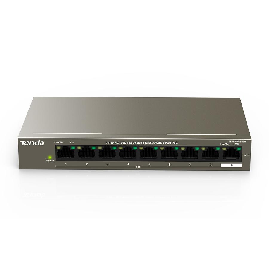 SWITCH TEF1109P-8-63W, SWITCH 8 PUERTOS POE, 9 PUERTOS EN TOTAL, NO ADMINISTRADO, MODO ESTANDAR, MODO EXTENSOR, MODO VLAN Y MODO MONITOREO, IEEE 802.3, IEEE 802.3U, IEEE 802.3X, IEEE 802.3AB, IEEE 80 - TENDA