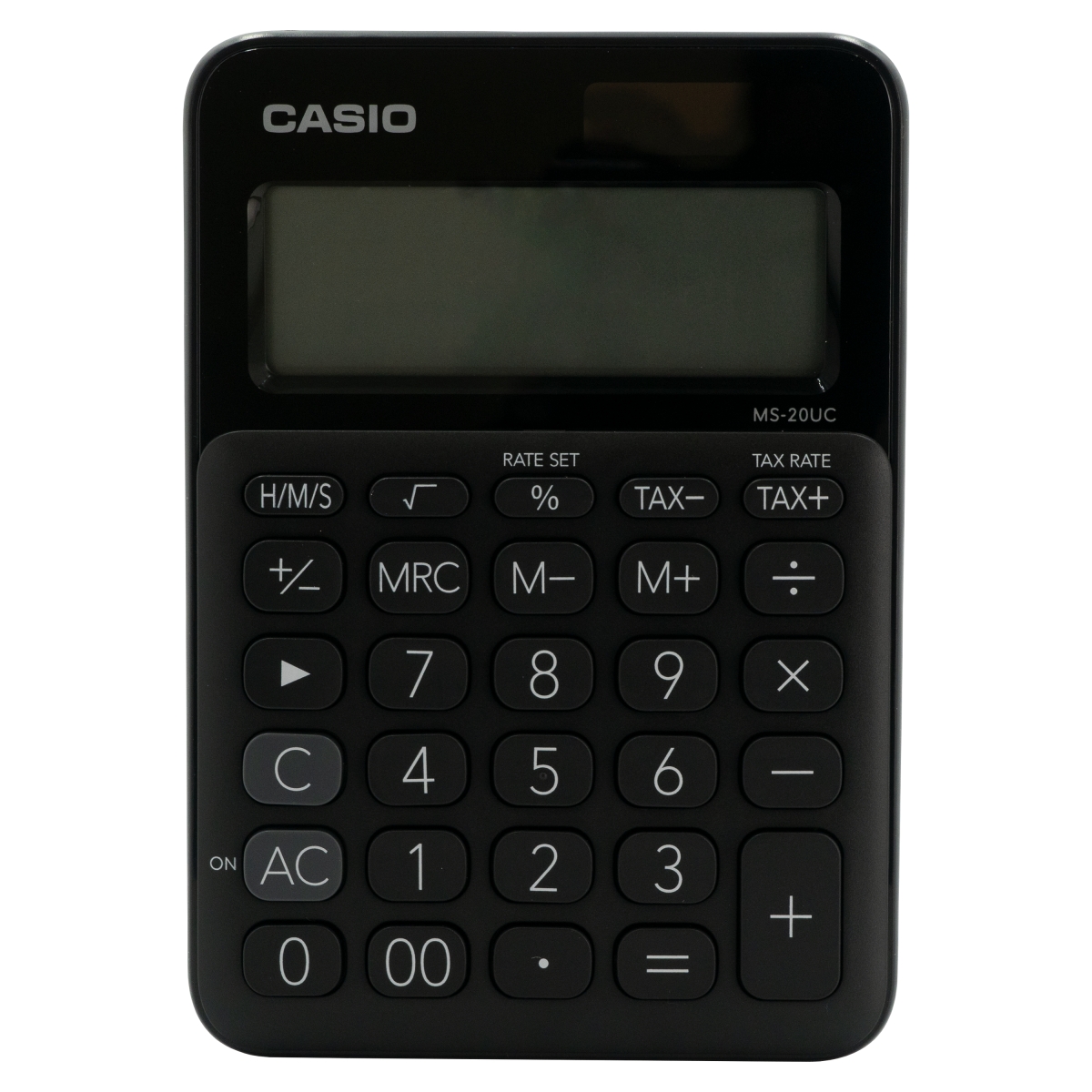 Calculadora de escritorio negra CASIO pa Conversión de h/m/s, cálculo de impuestos, cálculo de cambio, porcentaje regular, retroceso, marcador de coma cada 3 dígitos, key rollover: entrada de datos alta velocidad, alimentación pila + solar, dimensiones 22.1 x 104.5 x 149.5 mm                     ntalla larga de 12 dígitos               - CASIO