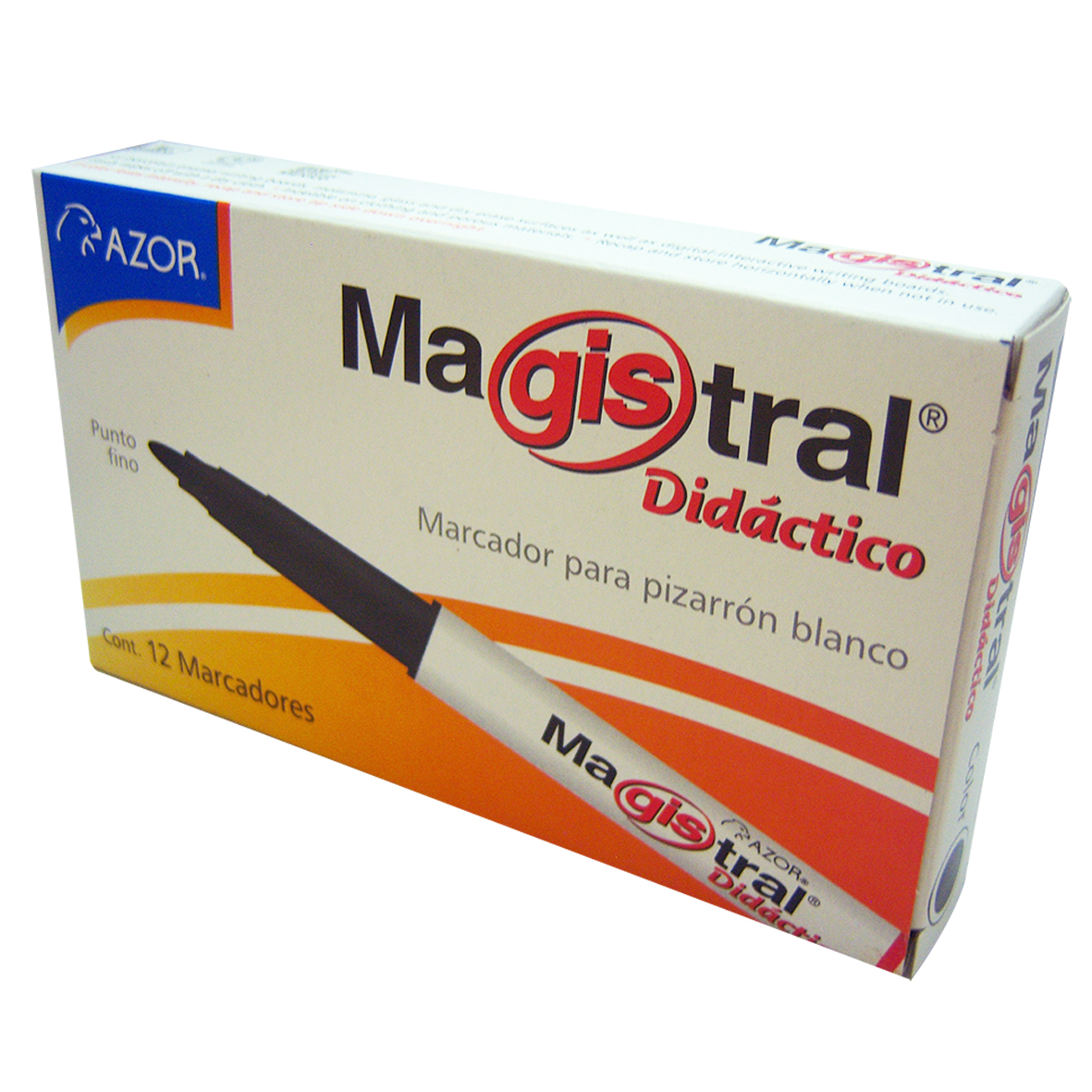 Marcador Magistral Didáctico punta bala  Tinta base alcohol de alta intensidad y bajo aroma, punta bala 2 mm, barril plástico con diseño ergonómico triangular, tapa anti asfixia, excelente calidad de borrado en superficies no porosas, no toxico, rendimiento de 280 m.                              2 mm color negro caja con 12 pzas        - AZOR