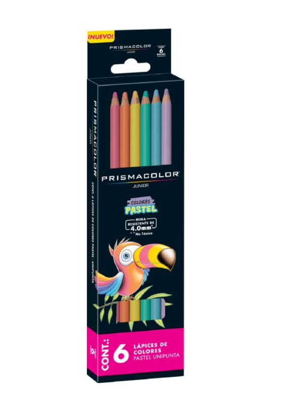 Colores Prismacolor junior con 6 piezas  Contiene  6 colores  unipunta prismacolor junior, tonos pastel,  nueva presentacion,  mina resistente de 4.0mm, color no toxico, gran selecion de colores para inspirar jovenes artistas.                                                                       colores pastel                           - 2135892