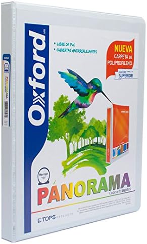 Carpeta panorámica Oxford carta blanca d Triple arillo en forma de O, 1.5 pulgadas, hecha con polipropileno, libre de PVC, no toxica, transferencia segura: no levanta tinta o toners de documentos, 3 ventanas externas personalizables, bolsas internas en ambas solapas, capacidad 350 hojas.         e 1.5" herraje "O"                       - PP01504