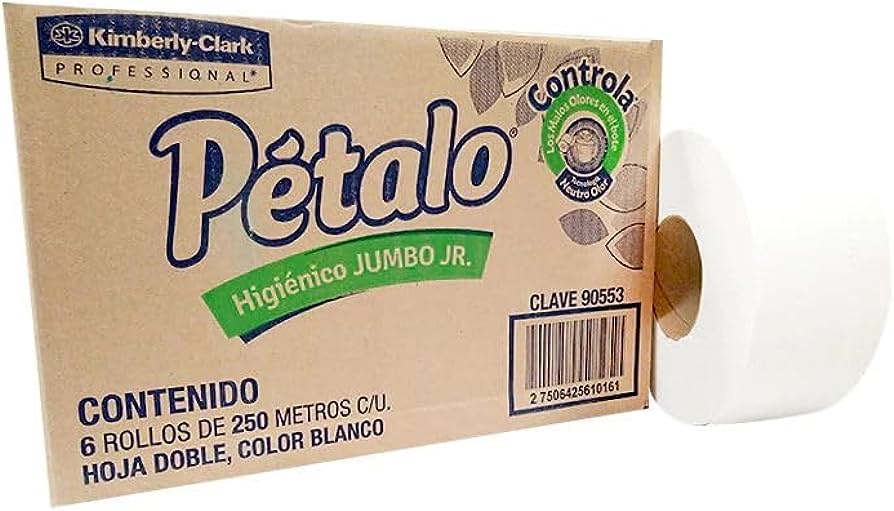 Papel Higiénico blanco Petalo, caja c/ 6 Higiénico, Petalo caja con 6 rollos de 500 m cada uno. hjs dobles. ancho de hjs 9 cm. fabricante Kimberly clark. Despachadores 94299                                                                                                                            bobinas 500m jumbo mod 90552             - 90552