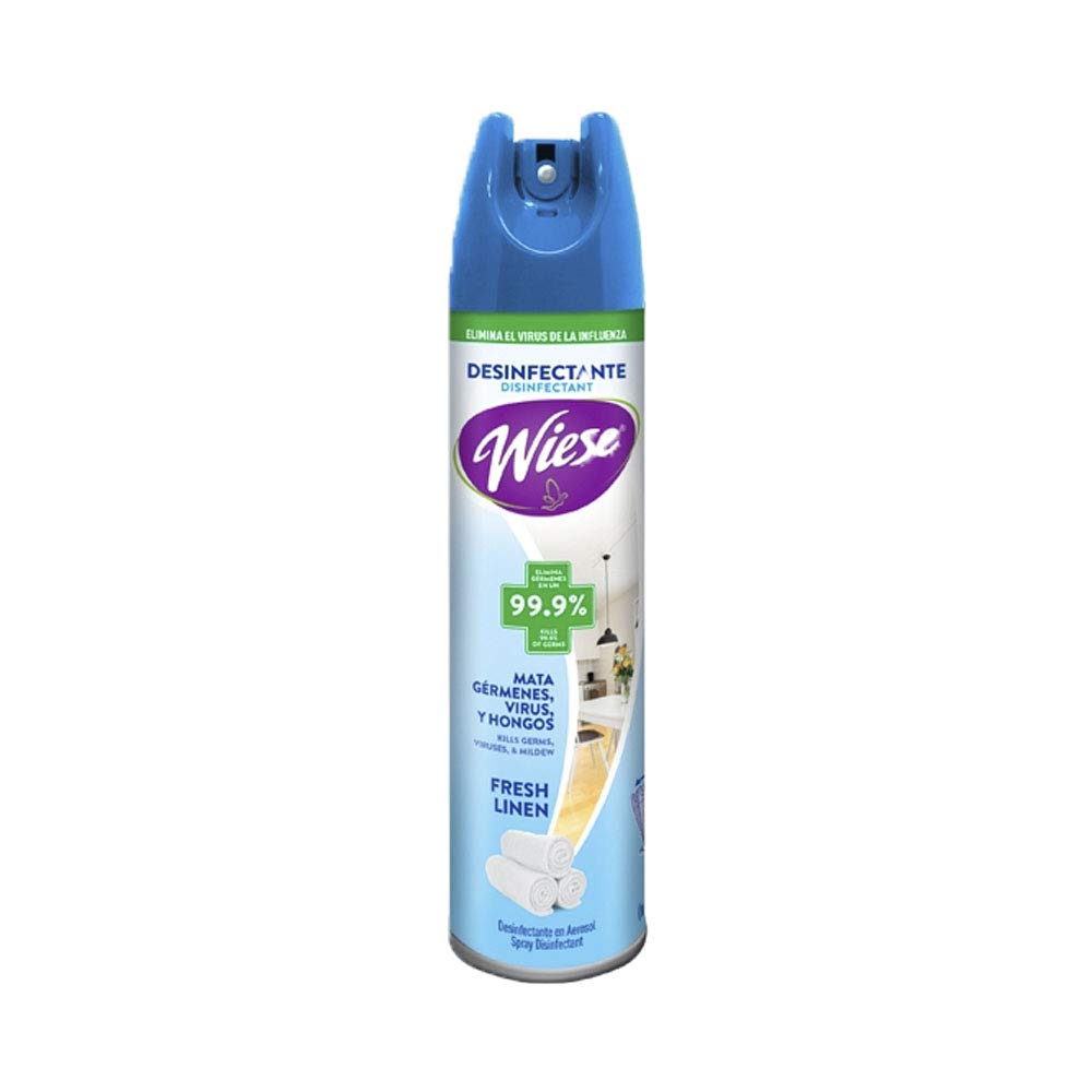 Aerosol desinfectante Wiese 236.58 ml.   Desinfectante ,elimina el 99% de gérmenes como e. coli, s. aureus, que se encuentran en las superficies y áreas de uso constante aromatizando para un lugar limpio y libre de gérmenes, ingredientes: alcohol, agua, propano isobutano, fragancia.              .                                        - NAEHO74