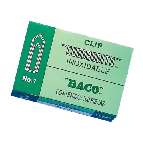 Clip Baco cuadrito no. 1, 1 caja de 100 Fabricados con alambre bajo carbón, pulido con acabado niquelado brillante - BACO