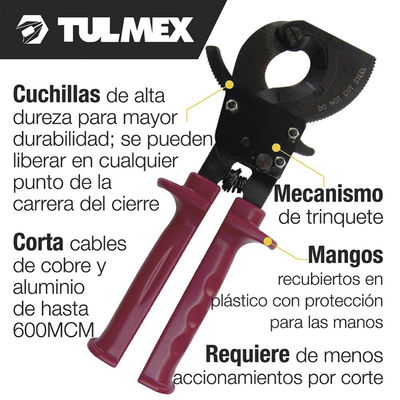 Cortacables de Cobre y Aluminio de hasta 600 MCM. <br>  <strong>Código SAT:</strong> 27111562 <img src='https://ftp3.syscom.mx/usuarios/fotos/logotipos/tulmex.png' width='20%'>  - TULMEX