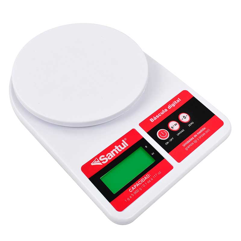 Bascula digital santul                   Pesa de 1 g a 5 kg, unidad en gramos y onzas, además de contar con función "tara" para medición con recipiente, por lo que es ideal para la cocina, así como usos ferreteros, cuenta con sensor de baja batería y alta precisión, 2 baterías AA incluidas       .                                        - 5927