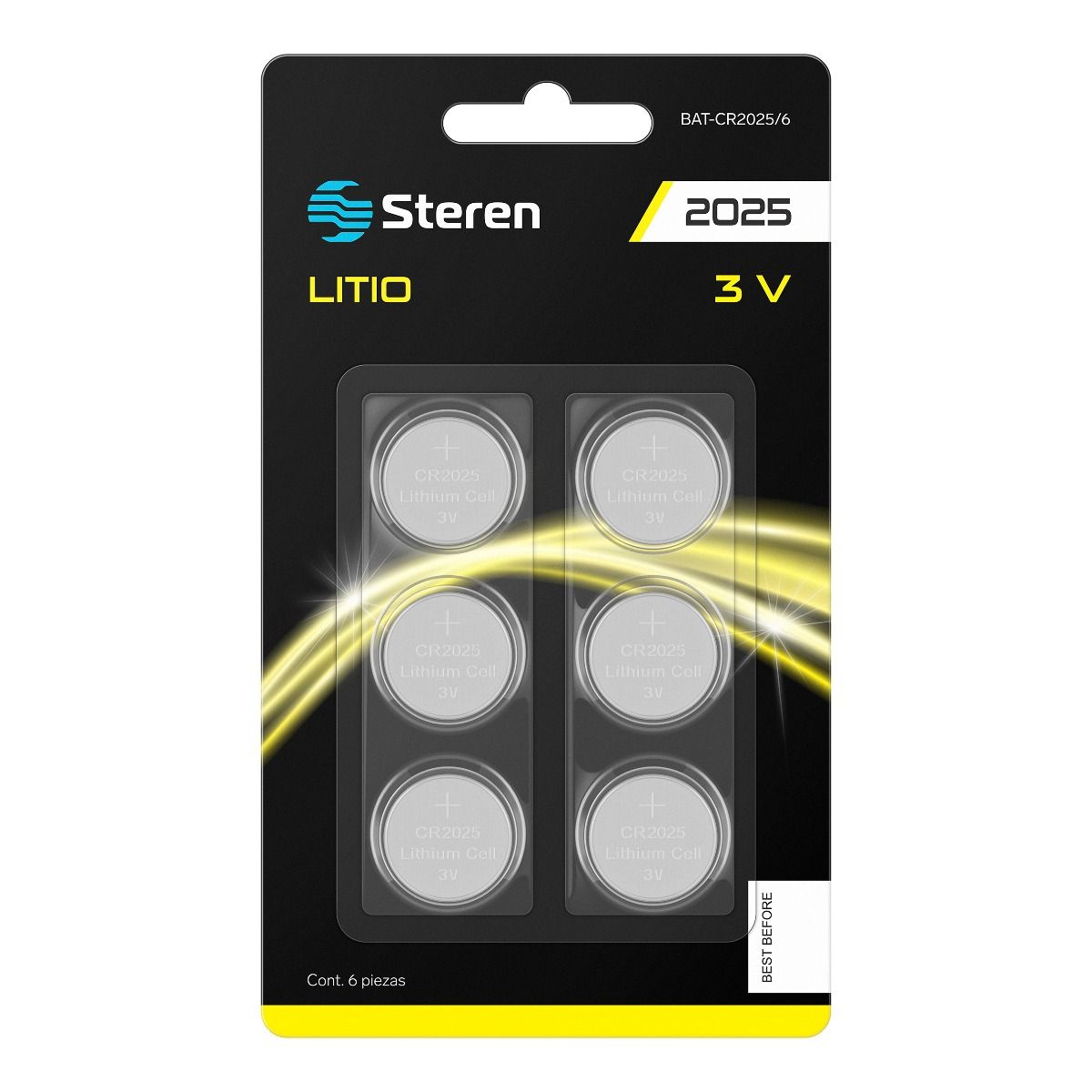 Pila de litio cr2025 boton  STEREN  blis Pila de litio tipo botón, de 3 volts, capacidad nominal de 150 mah (mili amperes hora), diámetro de 2 cm. se usa principalmente en controles remotos                                                                                                            ter de 1 pza                             - BAT-CR2025