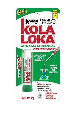 Pegamento instantáneo KOLA LOKA precisió Pega en 30 segundos: plásticos, metales, hules, uñas, cerámica, porcelana cristal. excepto polietileno o teflon                                                                                                                                                 n 2 gramos de cianoacrilato.             - KOLA LOKA