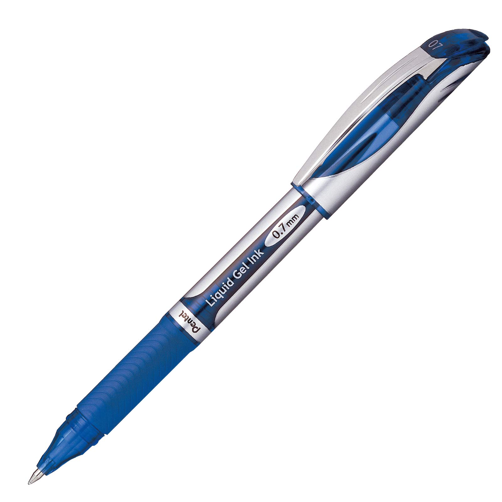 Bolígrafo Pentel energel delux, punto 0. Bolígrafo Pentel energel delux tinta azul de secado rápido, con agarre de caucho, no mancha, punta 0.7 mm metálica de trazo mediano, hecho 50% de material reciclado, escritura suave y ligera. detalles en tapa al color de la tinta                           7 mm (mediano), tinta azul, 1 pieza      - PENTEL